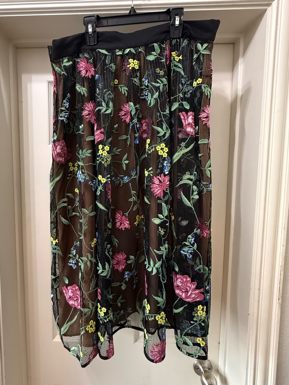 Floral Black Mesh Midi Skirt with Pink Embroidery